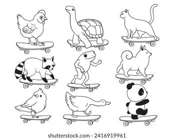 Set of cute animals on a skateboard. Collection wild pets ride on the board. Emblem for the clothes. Print for t-shirts for typography. Vector illustration of extreme sport.