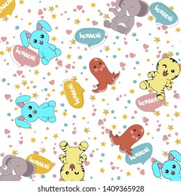 Set of Cute Animals on a white background. Seamless pattern with sausage and animals