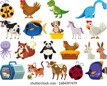 Set of cute animals on white background illustration