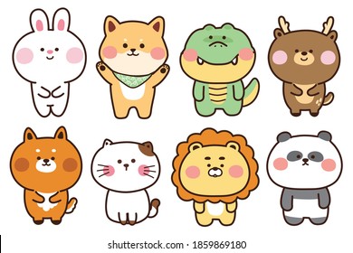 Set of cute animals on white background.Hand drawn characters.Graphic design.Rabbit,dog,crocodile,deer,fox,cat,lion,panda.Kawaii.Vector.Illustration.