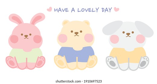 Set of cute animals on white bakground.Pastel concept.Doll hand drawn.Kid toy.Teddy bear.Rabbit,bear,dog.Kawaii.Vector.Illustration.