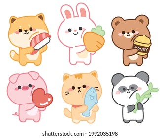 Set cute animals white background Character design Shiba inu dog rabit bear pig cat panda cartoon Sticker Collection Kid graphic Kawaii Vector Illustration 