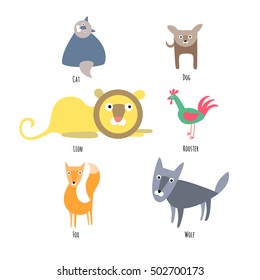 Set of cute animals on white isolated background. Vector illustration  in flat style. Cat, dog, lion, rooster, fox and wolf.