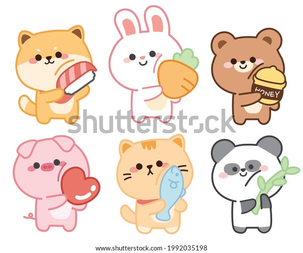 Set of cute animals\
on white background.Character design.Shiba inu\
dog,rabit,bear,pig,cat,panda cartoon.Sticker.Collection.Kid\
graphic.Kawaii.Vector.Illustration.