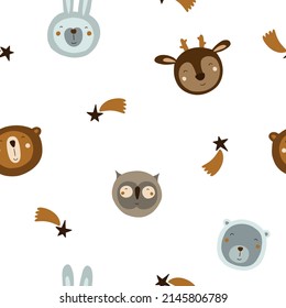 Set of cute animals with outer space elements. Vector illustration in warm colors of boho style