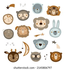 Set of cute animals with outer space elements. Vector illustration in warm colors of boho style