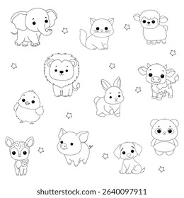 set of cute animals outline for coloring page