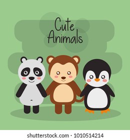 set cute animals panda monkey and penguin wildlife fauna