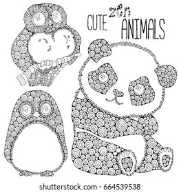 Set of Cute animals: panda, penguin, owl. Adult antistress coloring book page. Black and white. Zentangle style. Hand drawn, doodle, zentangle design elements. - stock vector
