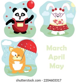 set cute animals panda rabbit cat spring months cat with umbrella panda with balloon and rabbit with flowers illustrations for children postcard print
