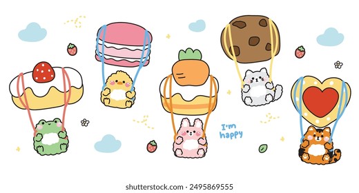 Conjunto de animales lindos forma de panadería en paracaídas en el fondo del cielo. Rana, pollo, conejo, gato, tigre dibujado a mano. Dulce.Postre.Pastel.Galletas.Macaron.Kawaii.Vector.Ilustración.