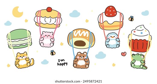 Set of cute animals parachute bakery shape on the sky background.Shiba inu dog,pig,bear,penguin,crocodile hand drawn.Sweet.Dessert.Cake.Macaron.Bread.Kawaii.Vector.Illustration.