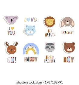 set of cute animals and phrases for children's design, cards, prints. Vector illustration