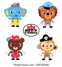 Set of cute animals pirate illustration vector.