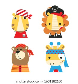 Set of cute animals pirate with tiger, lion, bear, giraffe on isolated background illustration vector.