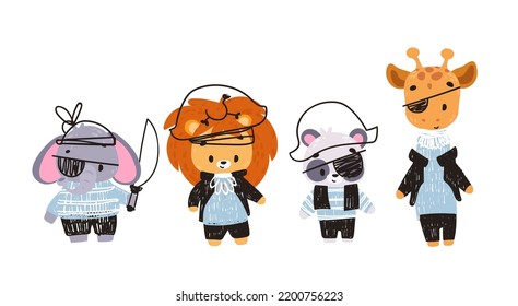Set Cute Animals Pirates. Vector print for children room, fabric, paper, greeting card, postcard, card, t shirt, poster, textile. Vector illustration