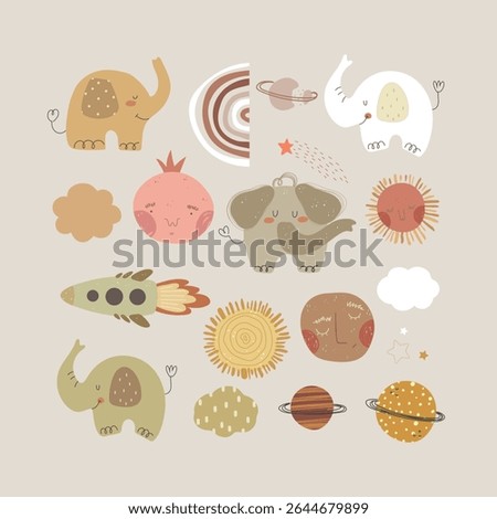 Set with cute animals, planets, clouds, and rainbows. Vector illustration with hand drawn animals and space.