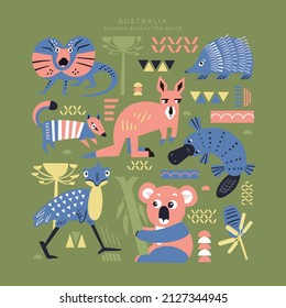 Set of cute animals and plants of Australia. Vector illustration. Decorative handmade poster for print. Isolated icons in scandinavian style.