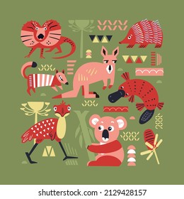 Set of cute animals and plants of Australia. Decorative handmade poster for print. Isolated icons in scandinavian style. Vector illustration.