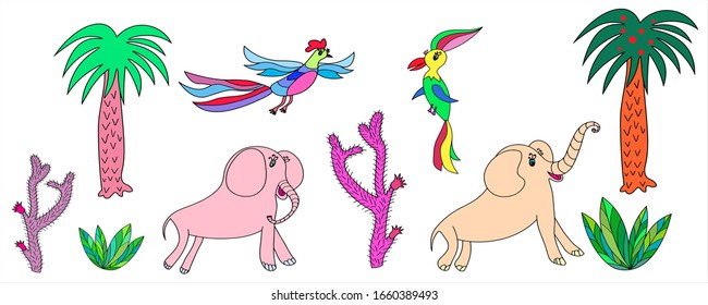 Set of cute animals and plants. Elephants, birds, palms and cacti. Isolated, vector illustration, clip art.