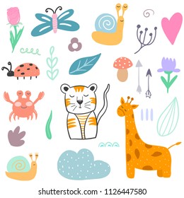 Set. Cute animals and plants. Scandinavian style. Prints for clothes and postcards, for children. 