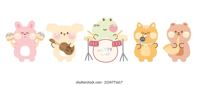 Set of cute animals play music instrument cartoon.Rabbit,dog,crocodile,cat,bear hand drawn.Character design collection.Sing a song.Music.Kawaii.Vector.Illustration.