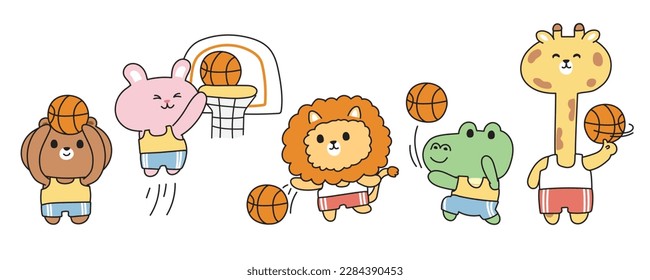 Juego de lindos animales jugando al baloncesto con fondo blanco. Concepto deportivo. Tiempo divertido. Colección de dibujos animados de personajes animales salvajes. Oso, conejo, león, cocodrilo, jirafa. Kawaii.Vector.Ilustración.