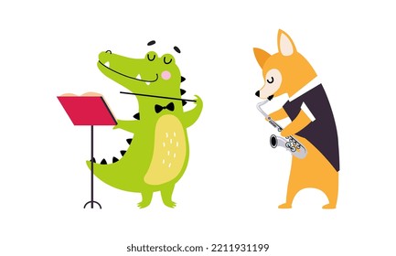 Set of cute animals playing music set. Cute crocodile conductor. Fox playing saxophone cartoon vector illustration