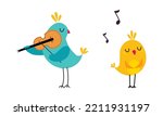 Set of cute animals playing musical instruments. Birdies playing violin and singing cartoon vector illustration