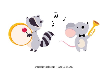 Set of cute animals playing musical instruments. Raccoon and mouse playing drum and trumpet cartoon vector illustration
