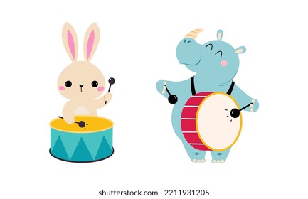 Set of cute animals playing musical instruments set. Bunny and rhinoceros playing drum cartoon vector illustration