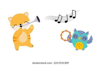 Set of cute animals playing musical instruments set. Baby fox and owlet playing tambourine and trumpet cartoon vector illustration