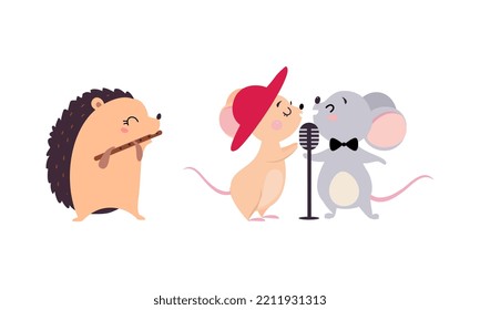 Set of cute animals playing musical instruments set. Hedgehog playing flute and mice singing with microphone cartoon vector illustration