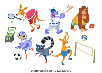 Set cute animals playing sports. Balls, rackets, nets. Vector cartoon isolated illustrations on white background. Funny animals in sports costumes for design. 