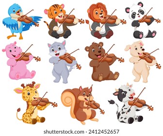 Conjunto de lindos animales tocando violín. Ilustración del vector