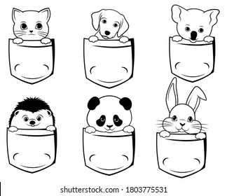 Set of cute animals in a pocket. Collection of pets sitting inside pocket. Pretty cartoon character. T-shirt design. Hand drawn. Vector illustration for a store. svg