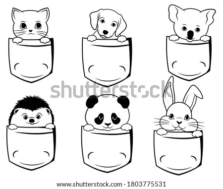 Set of cute animals in a pocket. Collection of pets sitting inside pocket. Pretty cartoon character. T-shirt design. Hand drawn. Vector illustration for a store.