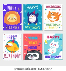 Set of cute animals poster. Cute Happy birthday greeting card for child fun cartoon style There are birthday gifts funny animals. Vector Illustration