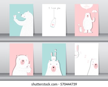 Set of cute animals poster,Design for valentine's day ,template,cards,bear,Vector illustrations 