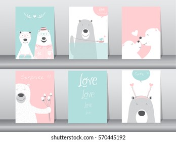 Set of cute animals poster,Design for valentine's day ,template,cards,bear,Vector illustrations 