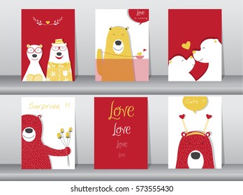 Set of cute animals poster,Design for valentine's day ,template,cards,bear,Vector illustrations 