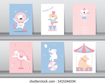 Set of cute animals poster,template,cards,animal,zoo,circus,Vector illustrations 