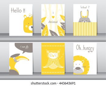 Set of cute animals poster,template,cards,bear,bird,lion,rabbit,zoo,Vector illustrations 