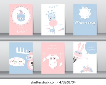 Set of cute animals poster,template,cards,bear,rabbit,giraffe,deer,zoo,Vector illustrations 