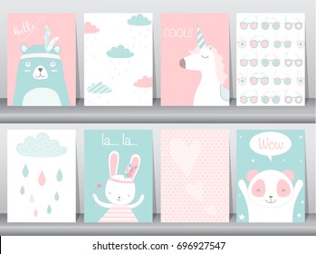 Juego de tiernos afiches, plantillas, tarjetas, oso, conejo,ilustraciones vectoriales 