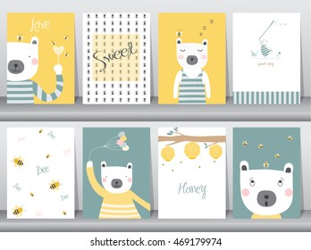 Juego de tiernos afiches de animales, plantillas, tarjetas, oso,ilustraciones vectoriales 