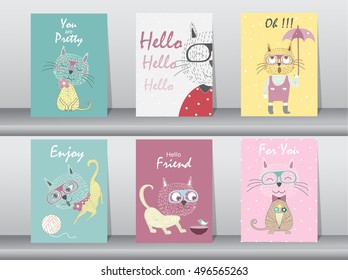 Set of cute animals poster,template,cards,cats,Vector illustrations 