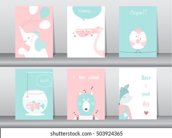 Set of cute animals poster,template,cards,elephant,bird,fish,bear,wolf,zoo,Vector illustrations 