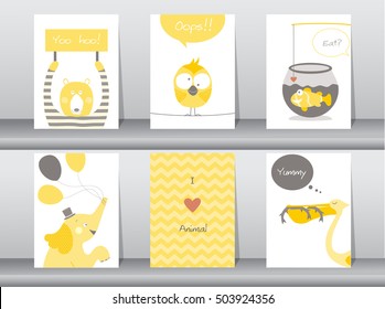 Set of cute animals poster,template,cards,elephant,bird,fish,bear,zoo,Vector illustrations
