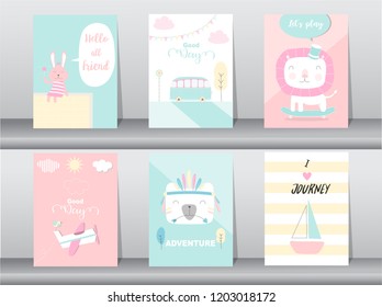 Set of cute animals poster,template,cards,rabbit,bear,zoo,Vector illustrations 